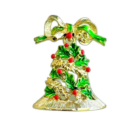 Vintage Gerry's Holiday Christmas Enamel Bell Pin Brooch w Bow 2" Long - Picture 2 of 12